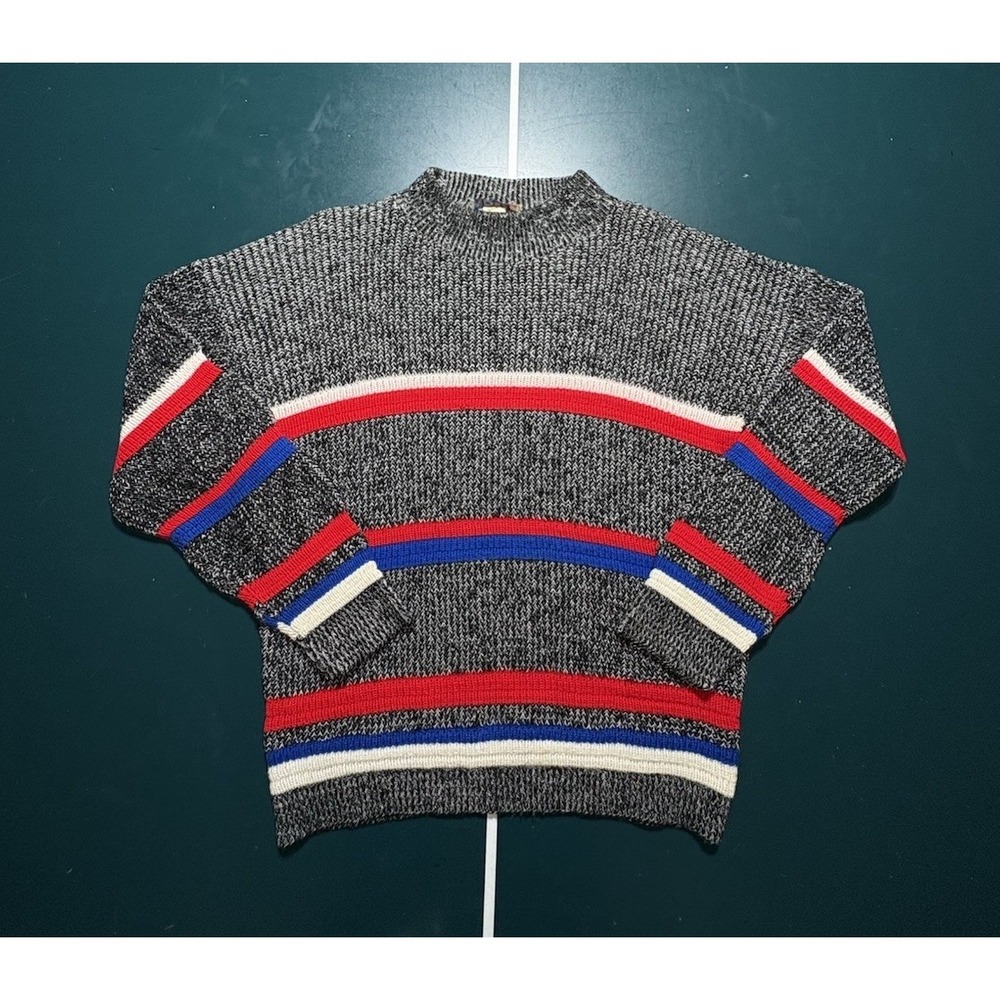 Vintage Chunky Knit Sweater Men's Small‎ Gray Striped Marled Fisherman Crewneck